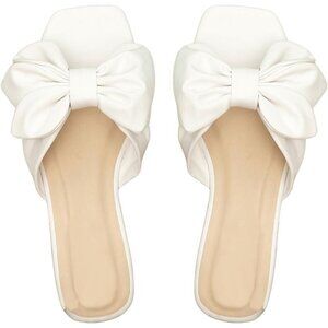 Women's Bow White Square Open Toe Breathable Slip On Slide Sandals Flat Shoes